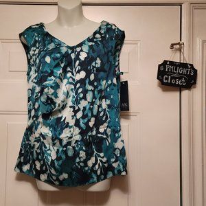 Anne Klein NEW Sleeveless Top M Teal Black Floral Pattern